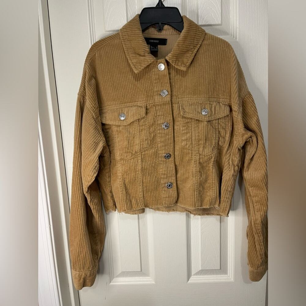Forever 21 Tan Corduroy Crop Boxy Raw Hem Shacket Shirt Jacket size Small